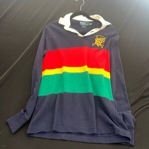Ralph Lauren Navy Polo Rugby Shirt with White Collar Scribble vintage rare
